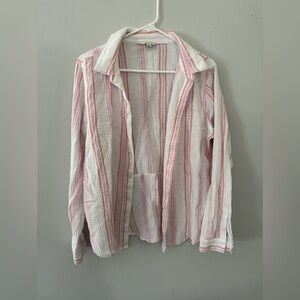 Lucky Brand Gauze Striped Button-Up Shirt Cotton Pink White Pattern Flowy S M